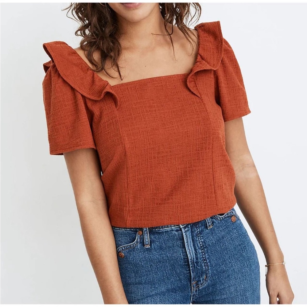 Madewell Crosshatch Ruffled Top Short Sleeve Crop Stretch, Size X-Small